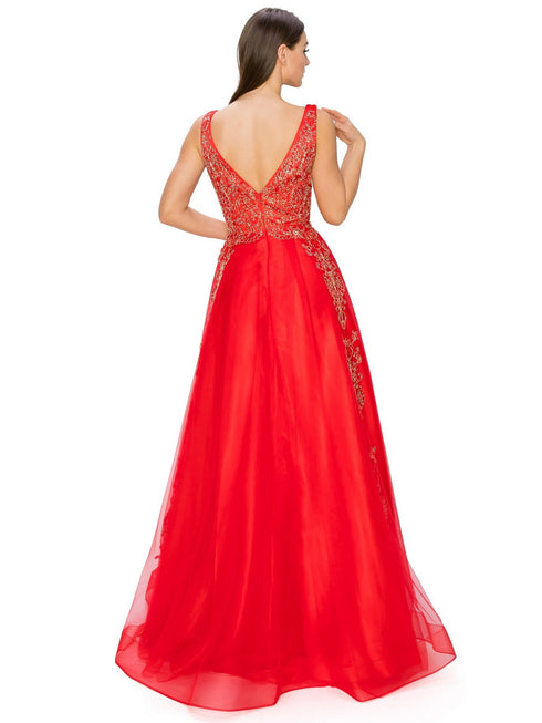 Bliss Golden Coil Lace Studded Illusion Tulle V-Neck Dress for Women, Sizes XS-3XL - SophiasStyle.com